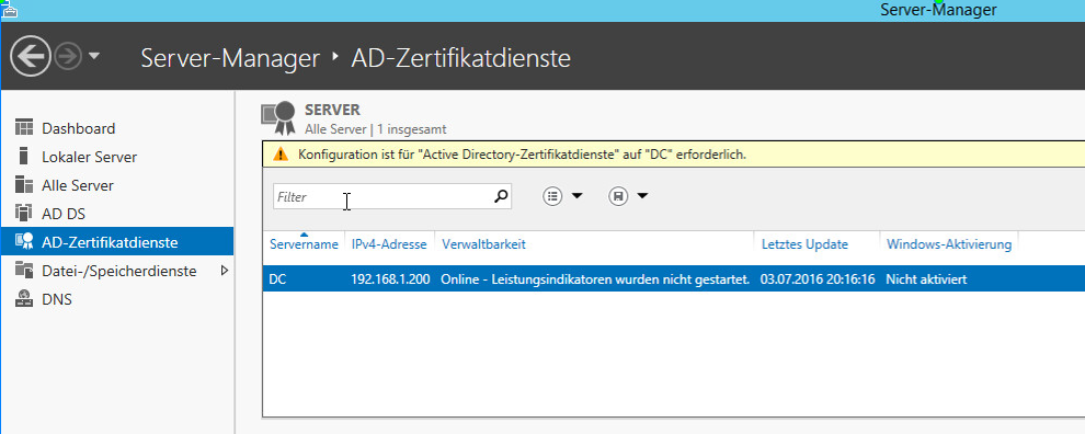 Im Servermanager den neuen Eintrag "AD-Zertifikatsdienste" öffnen. Es wird ein Hinweis angezeigt, dass eine Konfiguration erforderlich ist.