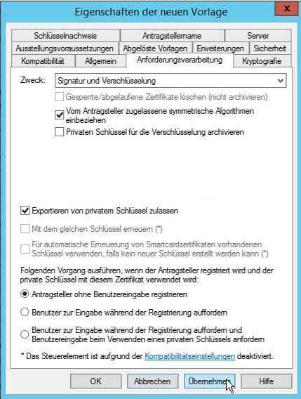 Im Tab "Anforderungsverarbeitung" den Haken bei "Exportieren von privaten Schlüsseln zulassen"